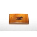 19th century treen shoe snuff box, 12cm length, and snuff box with mating birds (2).