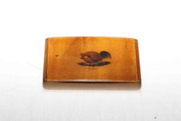 19th century treen shoe snuff box, 12cm length, and snuff box with mating birds (2).