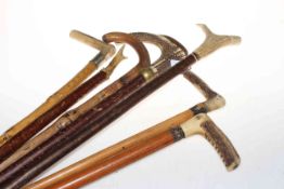 Collection of walking sticks (one with a whistle top), some with bone or antler handles.