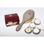 Silver pocket watch, Timex 1985 wristwatch, other watches, jewellery and brush.
