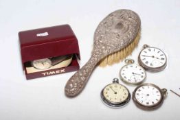 Silver pocket watch, Timex 1985 wristwatch, other watches, jewellery and brush.