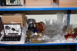 Full shelf of glass and china, silver plate, metalwares, Duchess dinnerware, animal ornaments,