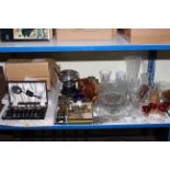 Full shelf of glass and china, silver plate, metalwares, Duchess dinnerware, animal ornaments,