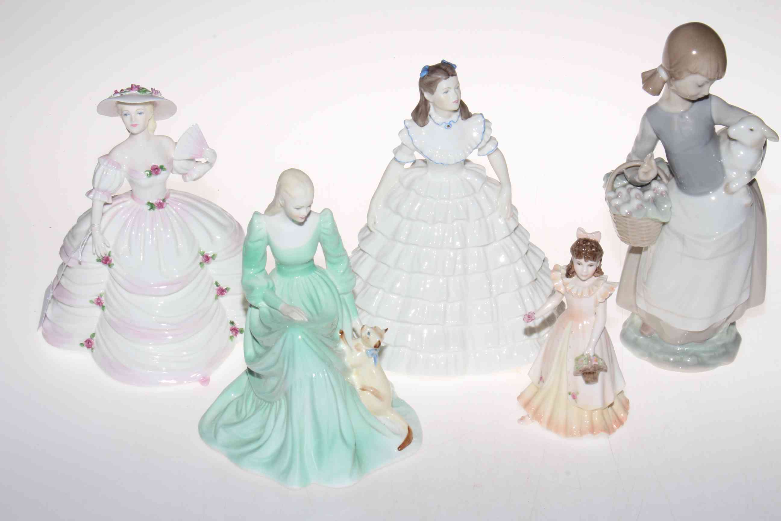 Three Coalport Ladies of Fashion, small Coalport 'Follow the Bride; Lladro girl with pet lamb A/F,