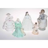 Three Coalport Ladies of Fashion, small Coalport 'Follow the Bride; Lladro girl with pet lamb A/F,