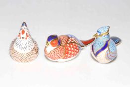 Three Royal Crown Derby paperweights, Hen and two other birds, to gold stoppers.