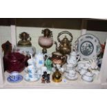Two oil lamps, spirit kettle, coffee ware, assorted prints, tapestry picture, jardiniere and stand,