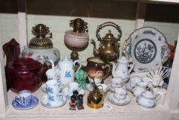 Two oil lamps, spirit kettle, coffee ware, assorted prints, tapestry picture, jardiniere and stand,
