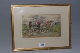 DM & EM Alderson 1921, watercolour of The Hunt Setting Out, 13cm by 22cm, framed.