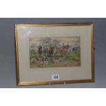 DM & EM Alderson 1921, watercolour of The Hunt Setting Out, 13cm by 22cm, framed.