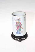 Chinese Republic brush pot with two figure decoration and character marks, 12.5cm, with wood stand.