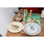 Seven Wedgwood Beatrix Potter collectors plates, Royal Doulton Bunnykins and Snowman wall clocks,