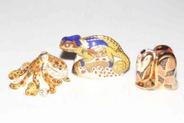 Three Royal Crown Derby paperweights, gold signature Octopus, Chameleon and Coiled Snake,