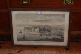 Framed antique engraving of Caernarvon Castle, 39cm by 55cm overall.