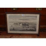 Framed antique engraving of Caernarvon Castle, 39cm by 55cm overall.