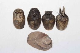 Four small composite boxes, 7cm, and stone scarab (5).