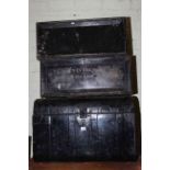 Two pine boxes, four assorted tin trunks and circular metal flour bin (7).