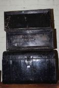 Two pine boxes, four assorted tin trunks and circular metal flour bin (7).