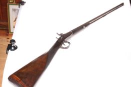 19th Century double barrel muzzle loading percussion shotgun, barrel 81cm in length.