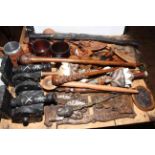 Collection of wood carving including ethnic pieces, knife, book slide, and ivory bead set stick.