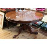 Victorian mahogany circular snap top breakfast table on tripod base, 122cm diameter.