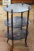 Antique three tier Etage with decorated papier mache shelves on simulated bamboo supports,