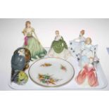 Five Royal Doulton figures, Debbie, Kathy, Soiree, Spring Stroll and Laura (arm repaired),