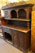 Carved oak buffet sideboard, circa 1900, 153cm wide, 190cm high, 50cm deep.