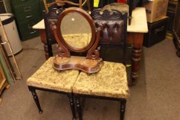 Turned leg pine kitchen table, four various chairs, toilet mirror,large clamp,