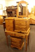 Pine two drawer dressing table with mirror and pair of bedside pedestals, and similar pedestal,