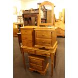 Pine two drawer dressing table with mirror and pair of bedside pedestals, and similar pedestal,