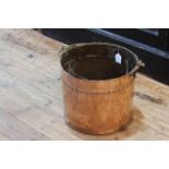 19th Century highly polished copper log bucket with brass swing handle.