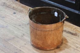 19th Century highly polished copper log bucket with brass swing handle.