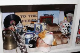 Novelty teapots, character jugs, Titanic model and bell, face plaques, Mickey Mouse ornaments, etc.