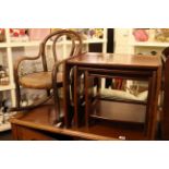 Nest of three mahogany tables, oak sewing table with contents, and child's bentwood rocker (3).