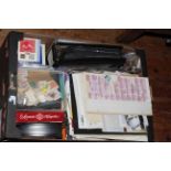 Four boxes of tea cards, postcards, FDC covers, loose stamps and stamp albums.