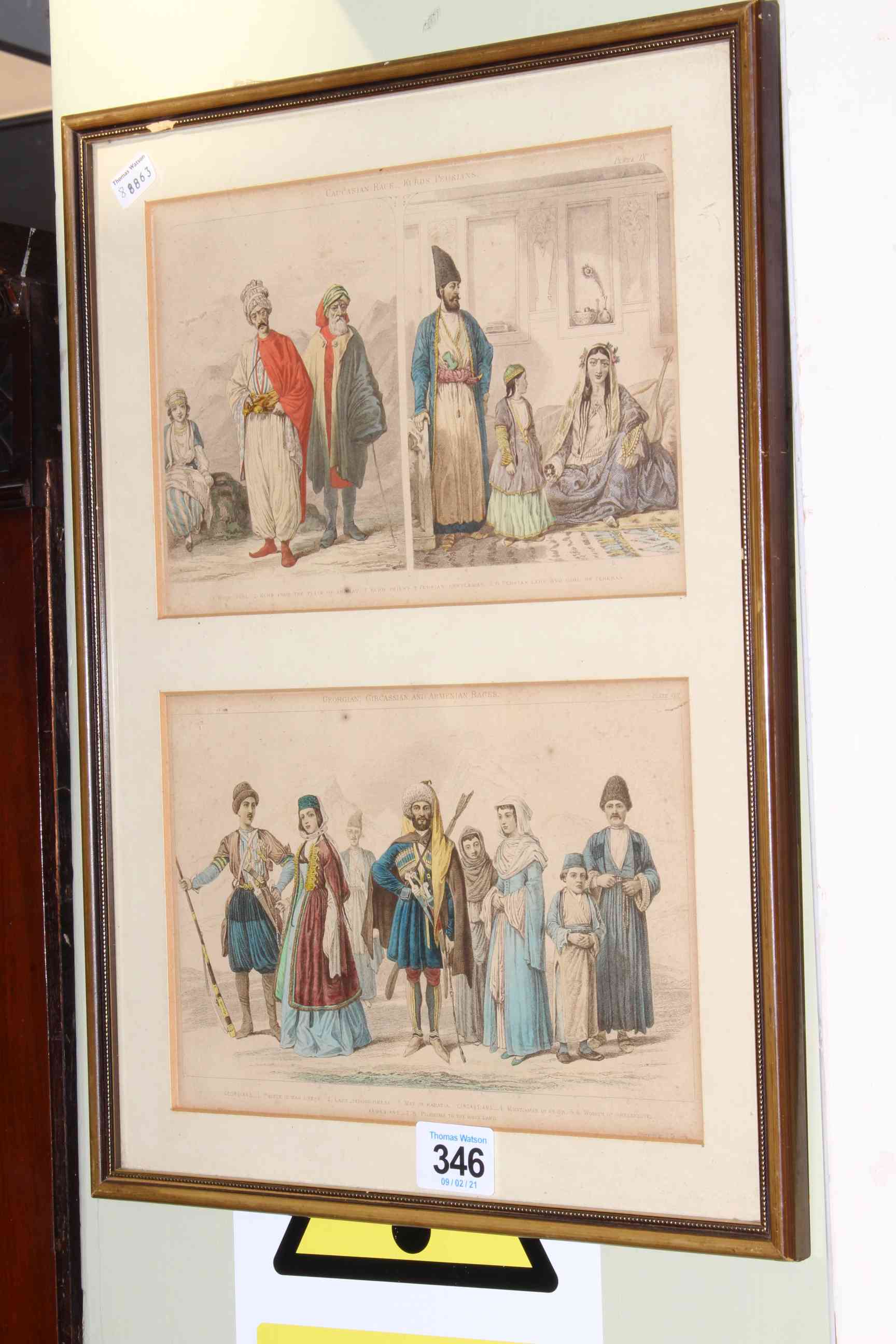 Framed engravings depicting traditional Armenians and Kurds, framed 39cm by 28cm overall.