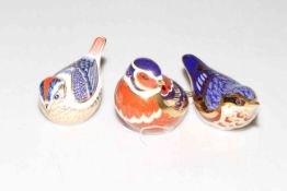 Six Royal Crown Derby paperweights, birds including Bullfinch, all gold stopper.