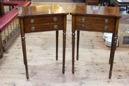 Good quality pair of walnut two drawer side tables with shaped inlaid tops,