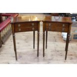 Good quality pair of walnut two drawer side tables with shaped inlaid tops,