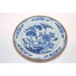 18th Century Delftware blue and white plate, 32cm diameter. Condition: Chips to rim.