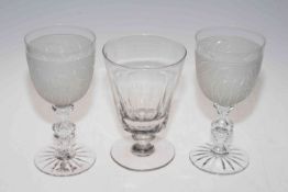 Large 19th Century rummer, pair etched goblets, and set of six figure stem wine glasses.