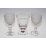 Large 19th Century rummer, pair etched goblets, and set of six figure stem wine glasses.