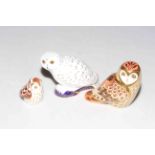 Three Royal Crown Derby paperweights, Short Eared Owl, Snowy Owl and Owlet, all gold stoppers.