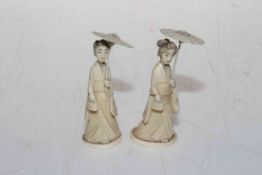 Two small ivory Geisha with parasols, 9cm, circa 1920's.