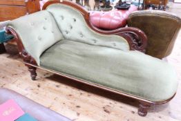Victorian mahogany scroll back and arm chaise longue on turned legs, 192cm wide.