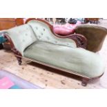 Victorian mahogany scroll back and arm chaise longue on turned legs, 192cm wide.