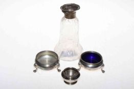 Pair Victorian silver open salts on paw feet, London 1877, Comyns mounted scent bottle,