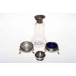 Pair Victorian silver open salts on paw feet, London 1877, Comyns mounted scent bottle,