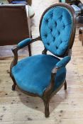 Pair Victorian walnut framed open armchairs with button backs and on cabriole legs.
